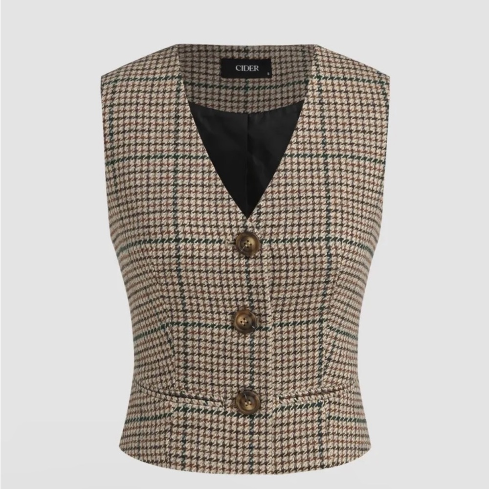 CIDER Tweed V-Neck Check Vest Brown Size 4 NWT